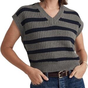 Madewell Vest waffle knit, large grey with blue stripes new with tags